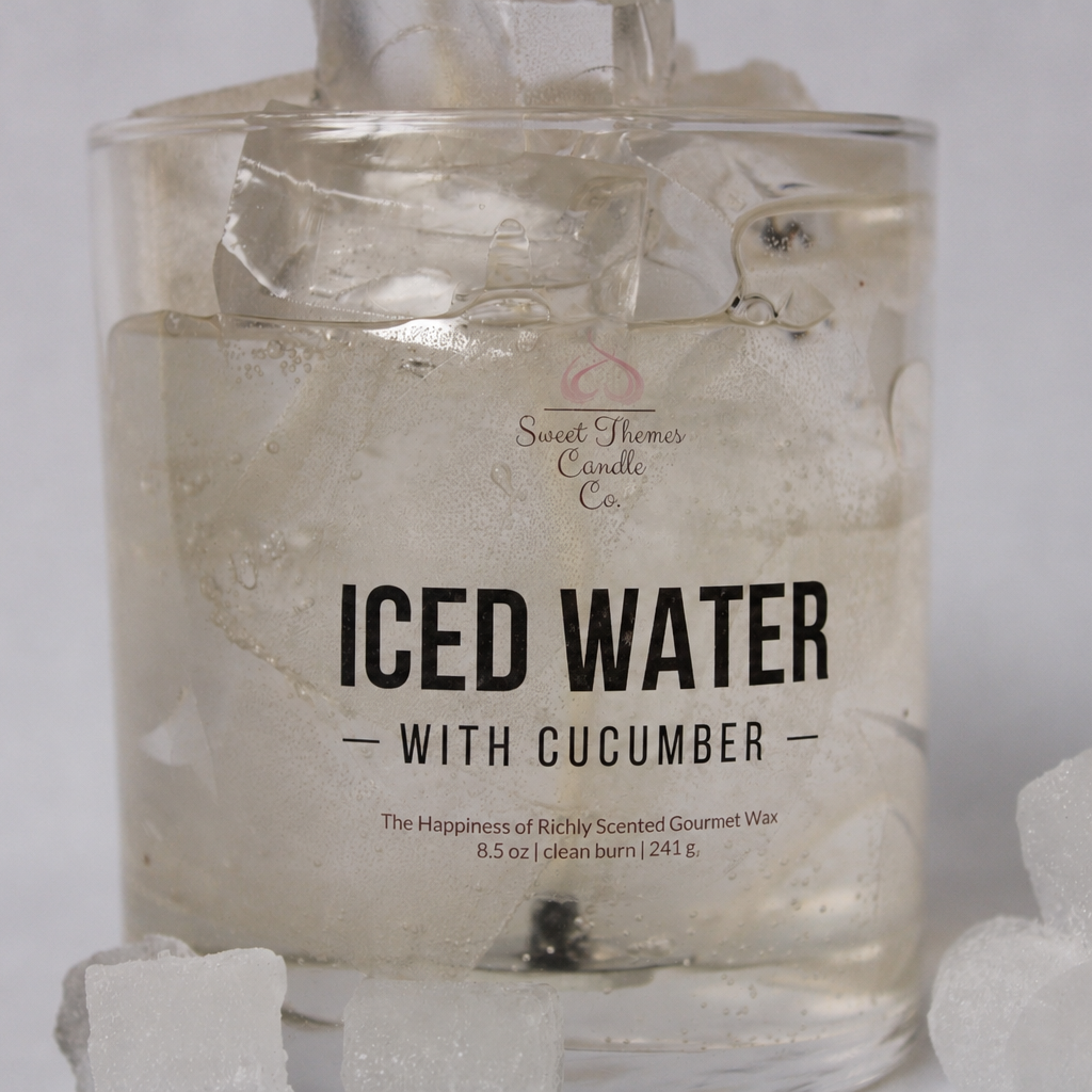 Candle labeled 'ICED WATER WITH CUCUMBER' with ice cubes around it on a light gray background